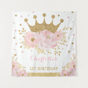 Pink and Gold Royal Crown Princess Birthday Party Tapestry