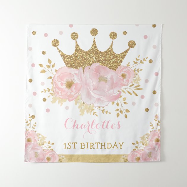 Pink and Gold Royal Crown Princess Birthday Party Tapestry | Zazzle