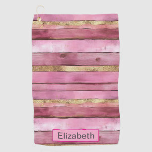 Pink and Gold Rustic Faux Wood Personalized Golf Towel