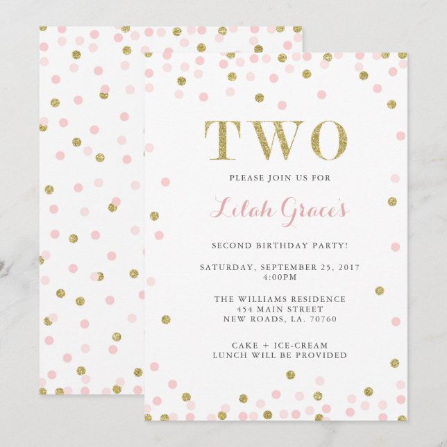 Pink and Gold Second Birthday Invitations (Front/Back)