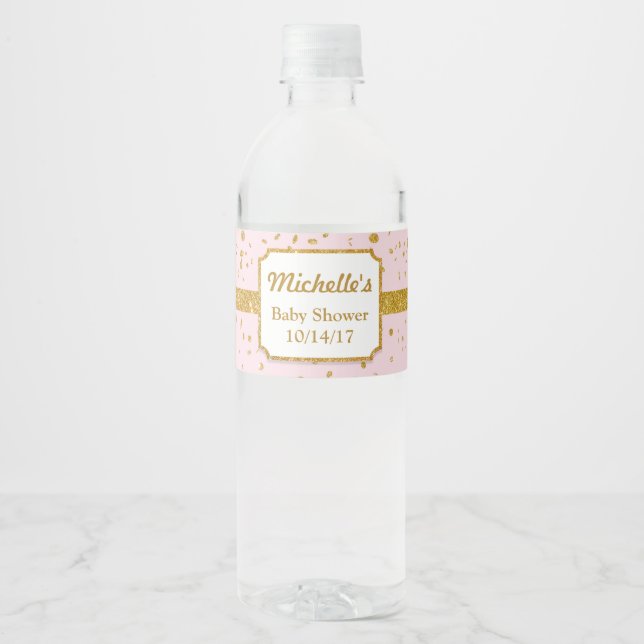 Pink and Gold Shower Water Bottle Labels (Front)