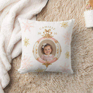 Pink and Gold Snowflake Christmas Photo Pillow