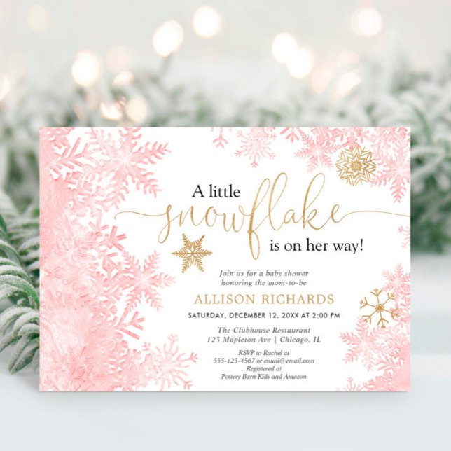Pink and gold snowflake winter girl baby shower invitation (Creator Uploaded)