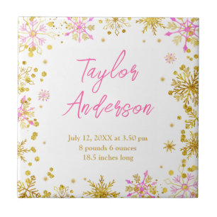 Pink and Gold Snowflakes Baby Birth Statistics Tile
