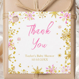 Pink and Gold Snowflakes Baby Shower Thank You Favour Tags