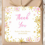 Pink and Gold Snowflakes Baby Shower Thank You Square Sticker<br><div class="desc">This elegant and glamourous baby shower thank you sticker features watercolor pink and gold faux glitter snowflakes and sparkles on a white background. The text combines handwritten script and modern sans serif fonts for a classy and sophisticated look. This is perfect for a winter or Christmas baby shower. Graphics by...</div>