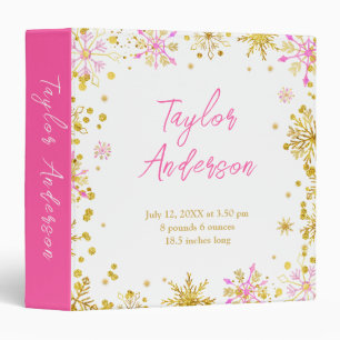 Pink and Gold Snowflakes Birth Stats Binder