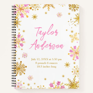 Pink and Gold Snowflakes Birth Stats Notebook
