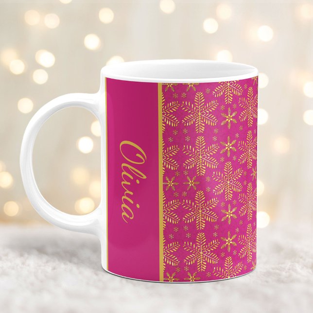 Pink and Gold Snowflakes Christmas Mug with Name (Creator Uploaded)