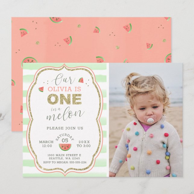 Pink and Gold Sparkle One in a Melon 1st Birthday Invitation (Front/Back)