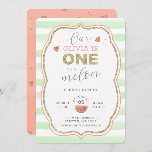 Pink and Gold Sparkle One in a Melon 1st Birthday Invitation (Front/Back)