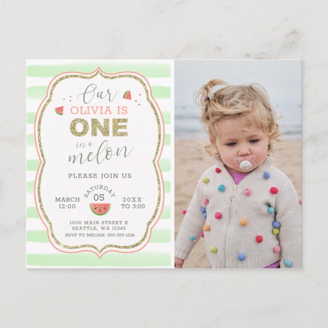 Pink and Gold Sparkle One in a Melon 1st Birthday Postcard (Front)