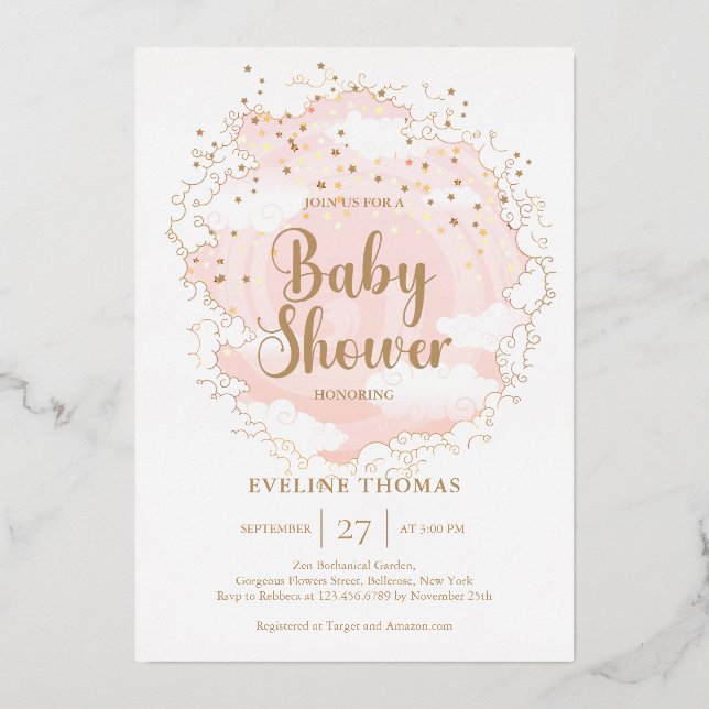 Pink and gold stars cloud in the sky baby shower (Front)