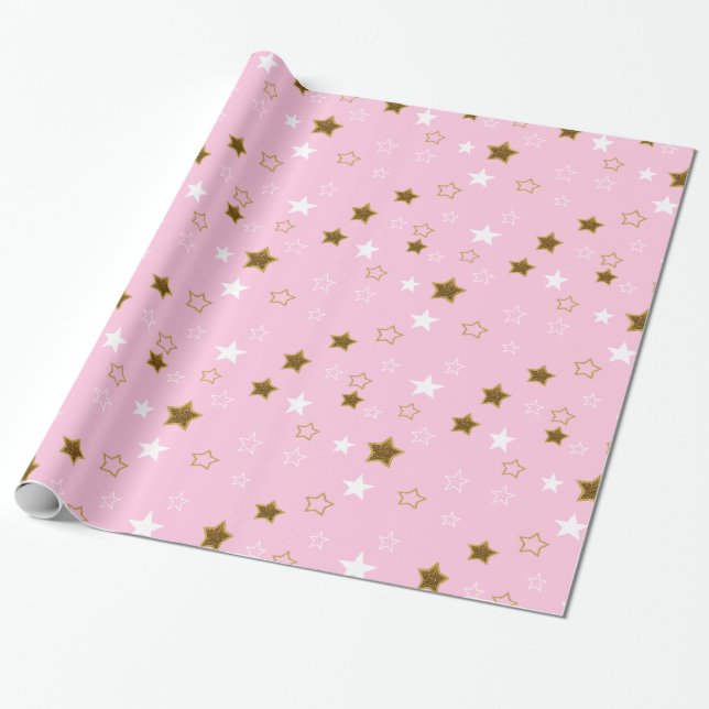 Pink and Gold Stars Gift Wrap (Unrolled)
