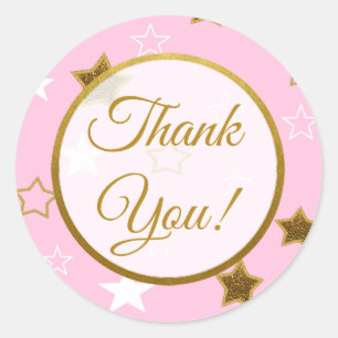 Pink and Gold Stars Thank You  Baby Shower Sticker