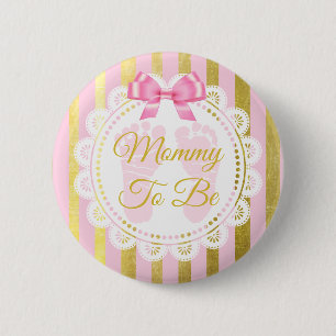 Pink and Gold Striped Bow Mommy to Be Button