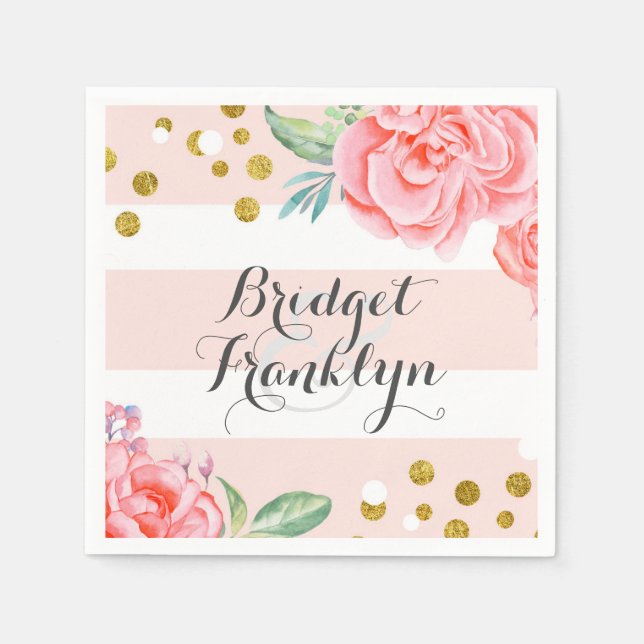 pink and gold stripes confetti floral wedding napkin (Front)