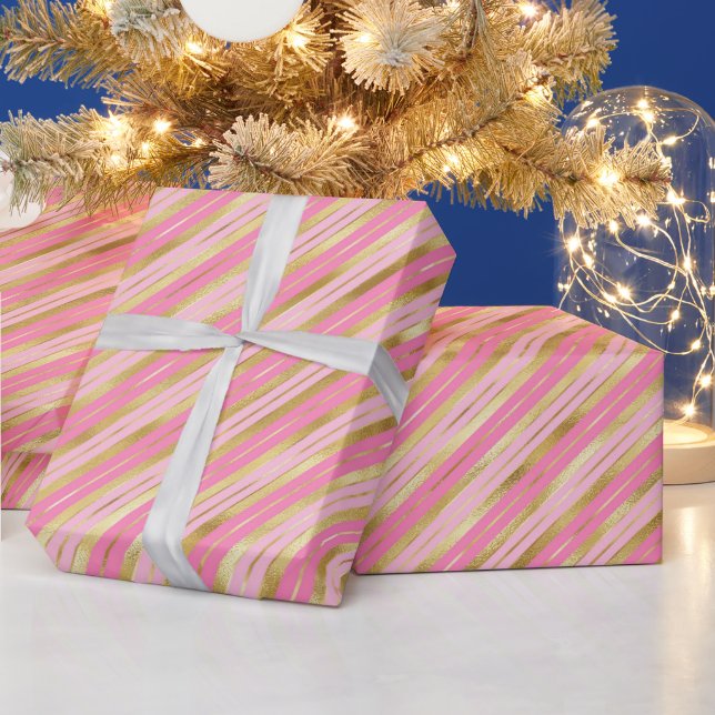 Pink and Gold Stripes Wrapping Paper (Holidays)