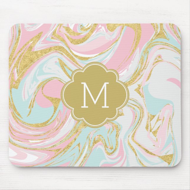 Pink and Gold Suminagashi Ink Marble Mouse Pad (Front)