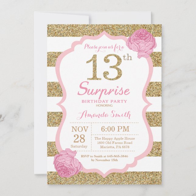 Pink and Gold Surprise 13th Birthday Invitation (Front)
