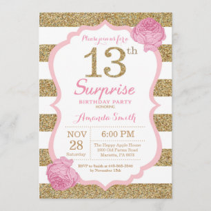 Pink and Gold Surprise 13th Birthday Invitation