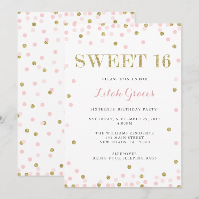 Pink and Gold Sweet 16 Birthday Invitations (Front/Back)