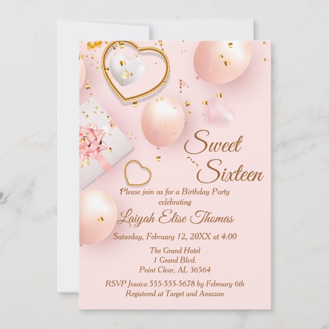 Pink and Gold Sweet Sixteen Birthday Party Invitation (Front)