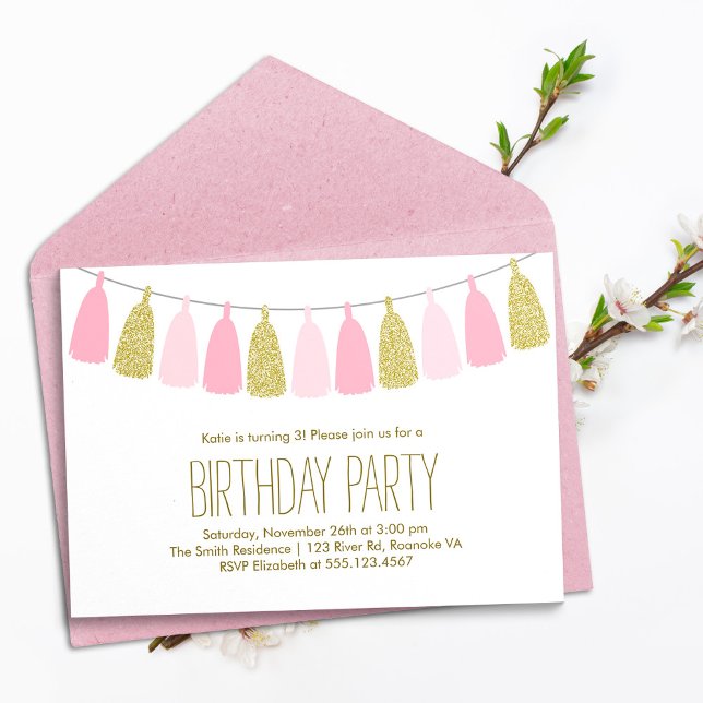 Pink and Gold Tassel Garland Birthday Party Invitation (Creator Uploaded)