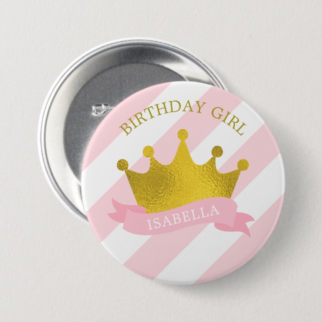 Pink and Gold Tiara  "Birthday Girl" 3 Inch Round Button (Front & Back)