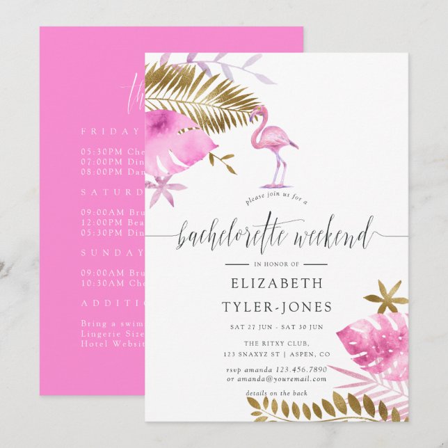 Pink and Gold Tropical Flamingo Bachelorette Party Invitation (Front/Back)