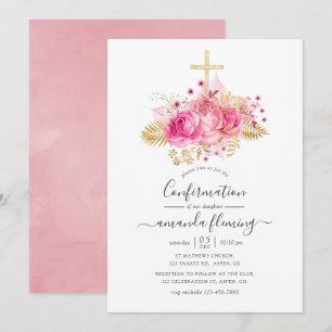 Pink and Gold Tropical Floral Confirmation Invitation