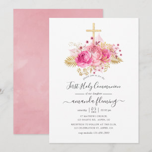 Pink and Gold Tropical Floral First Communion Invitation