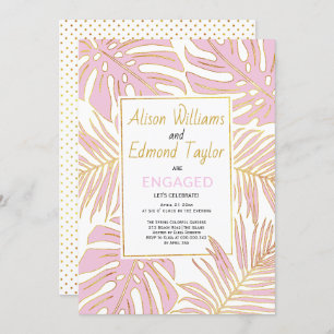Pink and gold tropical leaves engagement party invitation