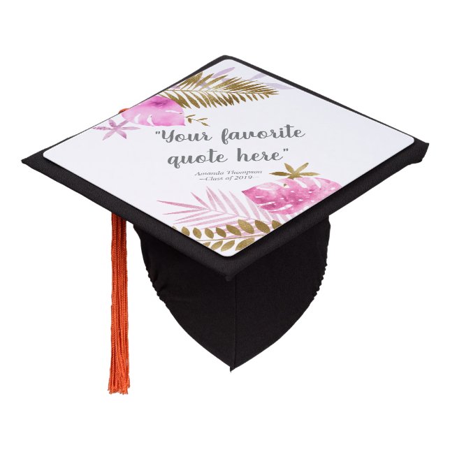 Pink and Gold Tropical Leaves personalized Graduation Cap Topper (Angled)