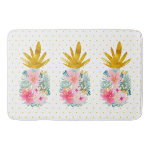 Pink and Gold Tropical Pineapples and Polka Dots Bath Mat