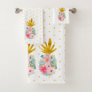 Pink and Gold Tropical Pineapples and Polka Dots Bath Towel Set