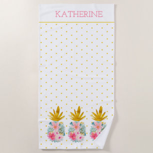 Pink and Gold Tropical Pineapples and Polka Dots Beach Towel