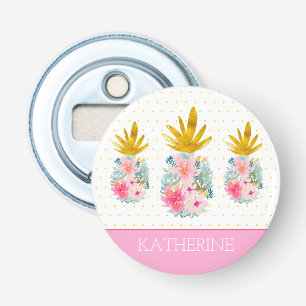 Pink and Gold Tropical Pineapples and Polka Dots Bottle Opener