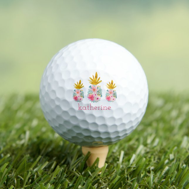 Pink and Gold Tropical Pineapples Personalized Golf Balls (Insitu Tee)