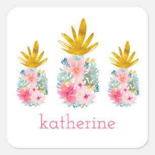 Pink and Gold Tropical Pineapples Personalized Square Sticker