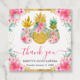 Pink and Gold Tropical Pineapples Quinceanera Favour Tags