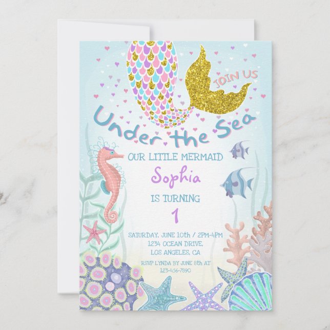 Pink and Gold Under the Sea Mermaid Birthday Invitation (Front)