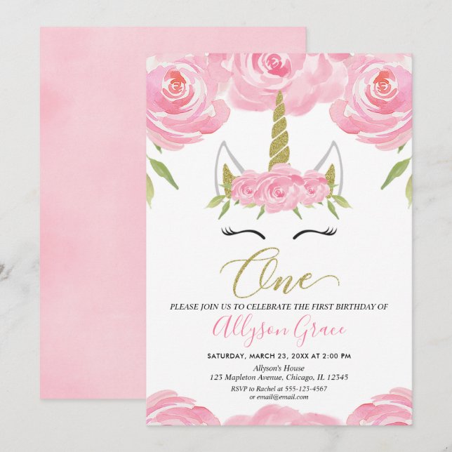 pink and gold Unicorn 1st birthday girl Invitation (Front/Back)
