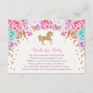 Pink and gold unicorn book request books for baby enclosure card