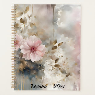 Pink and Gold Wabi-Sabi Flowers Grey Background Planner