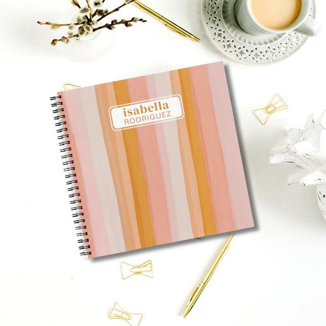 Pink and Gold Watercolor Abstract Striped Custom Notebook (Personalized Striped Notebook)