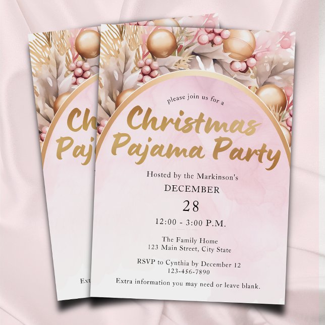 Pink and Gold Watercolor Christmas Pajama Party Invitation (Creator Uploaded)