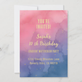 Pink and Gold Watercolor Ombre Birthday Invitation
