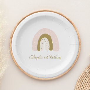 Pink and Gold Watercolor Rainbow Birthday Party Paper Plate