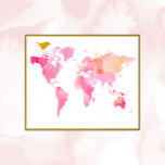 Pink And Gold Watercolor World Map Poster<br><div class="desc">Pink And Gold World Map Poster featuring a map of the World in pink watercolors and a cute gold bird. Perfect for the girly girl who loves to travel the World and make it her oyster.</div>